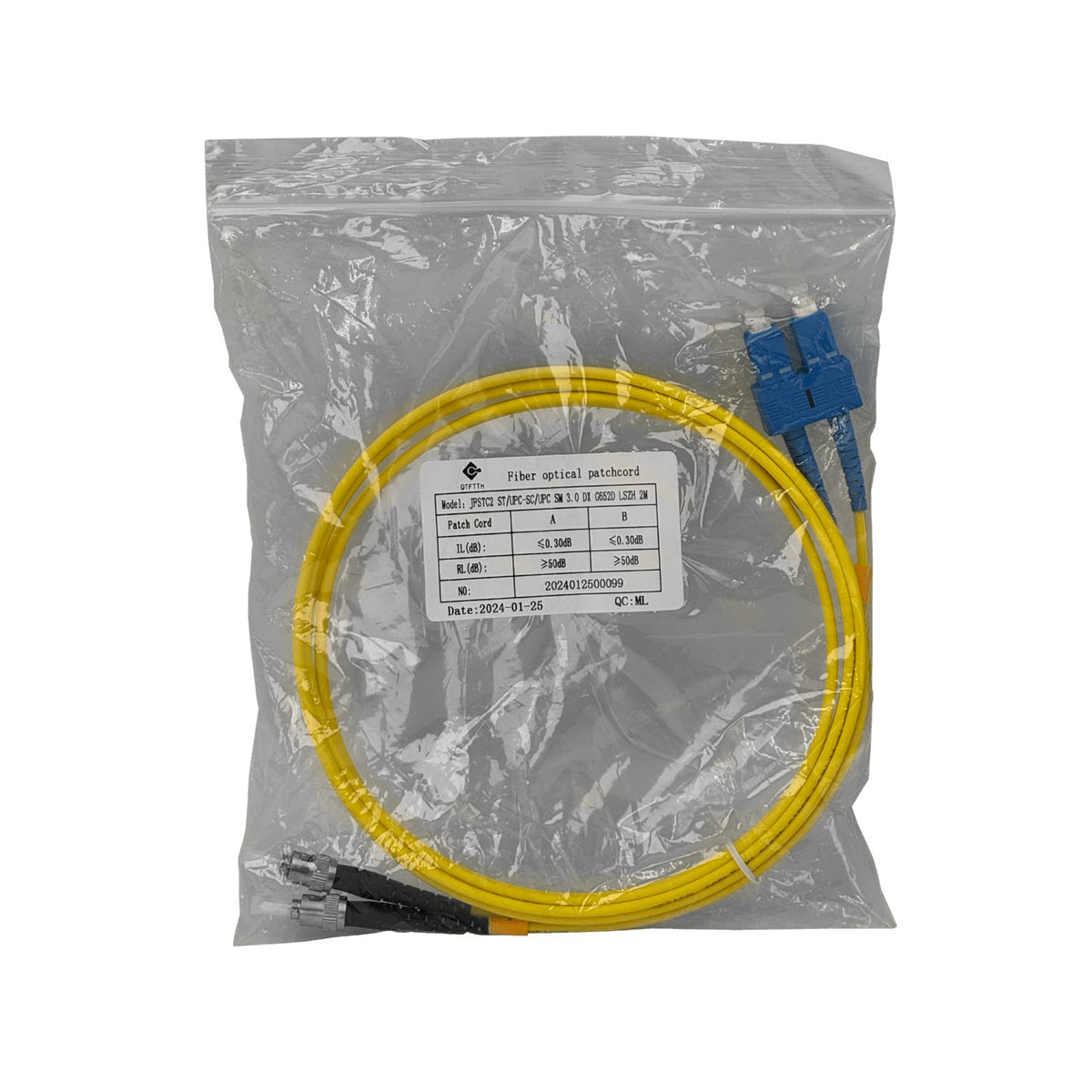 JFSTC2. Latiguillo de fibra monomodo dúplex de 2 metros con terminaciones ST/UPC a SC/UPC, cubierta de 3 mm y fibra 9/125 µm.