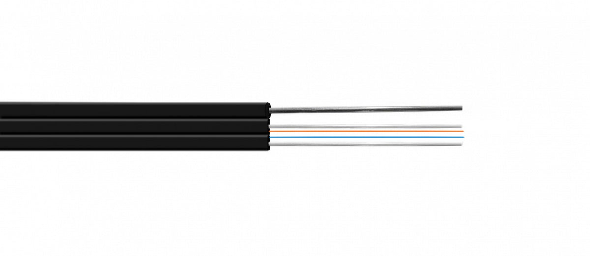 CFSQ2N Cable Drop de Fibra Óptica 1km LSZH 2 Hilos Monomodo G652D 1 Elemento Portante 2 Varillas FRP Cubierta Negra