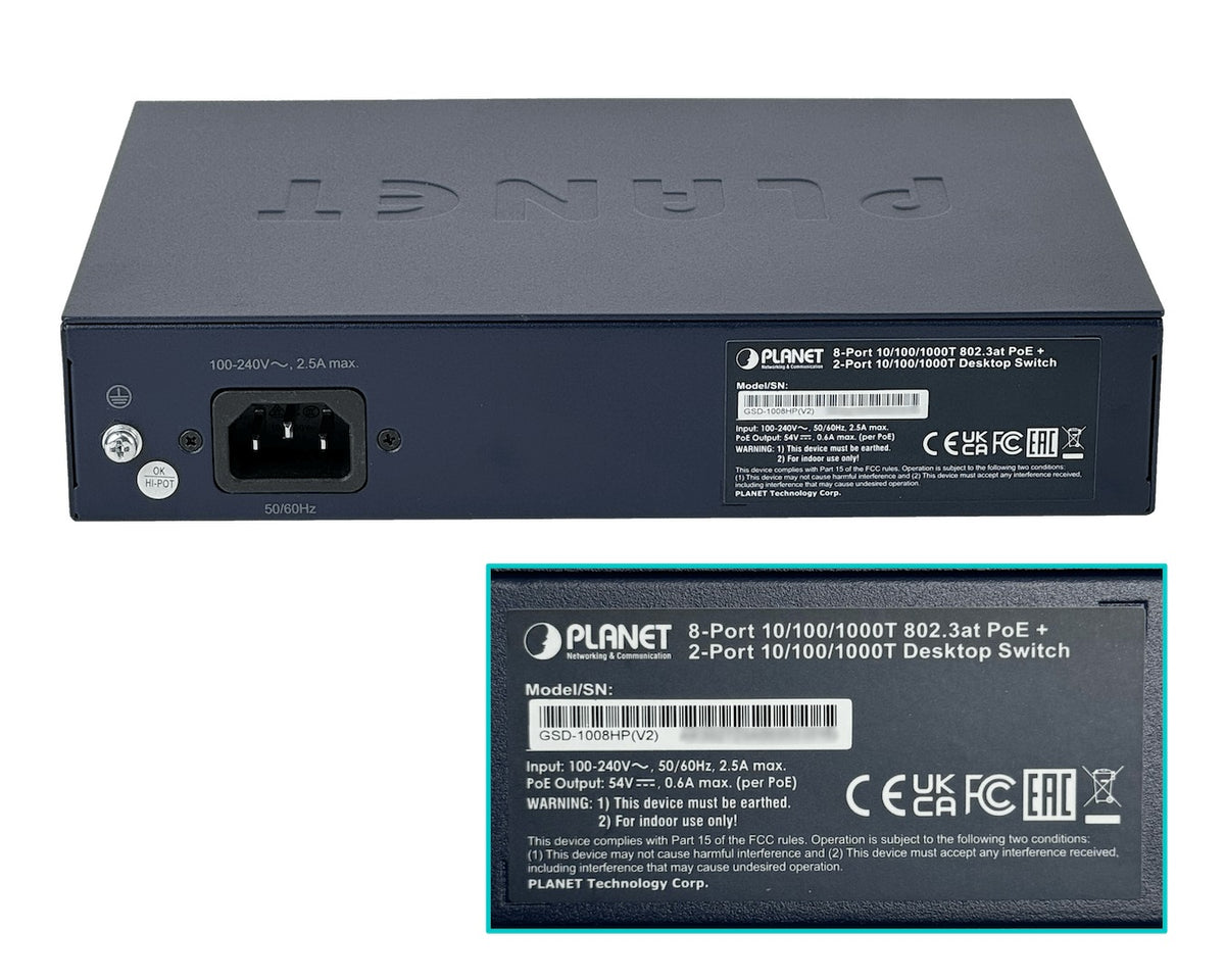 GSD-1008HP PLANET 10/1000 Mbps (8 puertos PoE+ 802.3af/at) 120W totales Switch no administrable para montaje en rack de 10 pulgadas, compatible con rack de 19 pulgadas