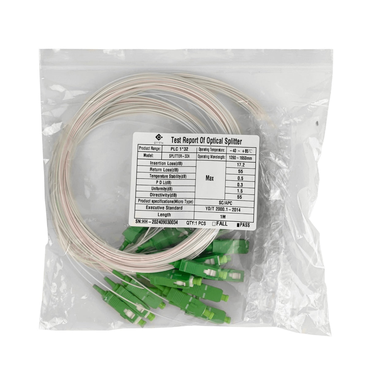 SPLITTER-32A Repartidor Óptico PLC 1x32 SC/APC para Redes GEPON/GPON Fibra G657A1 0,9mm Rango 1260-1650nm