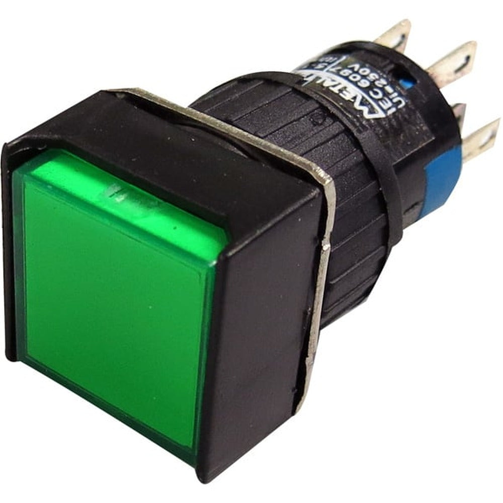 Botón retentivo cuadrado plástico DPDT Iluminado 16mm Serie P16 - Blanco - Piloto LED 24VAC/DC