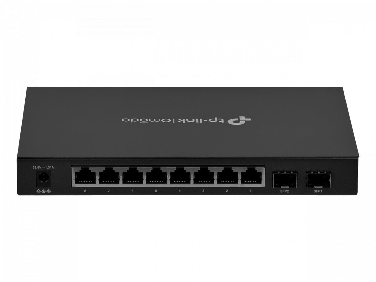 SG2210P. Conmutador inteligente de escritorio TP-LINK con 8 puertos 1000 PoE+ y 2 ranuras SFP, potencia total de 53 W, incluye fuente de 53 V, compatible con Omada.
