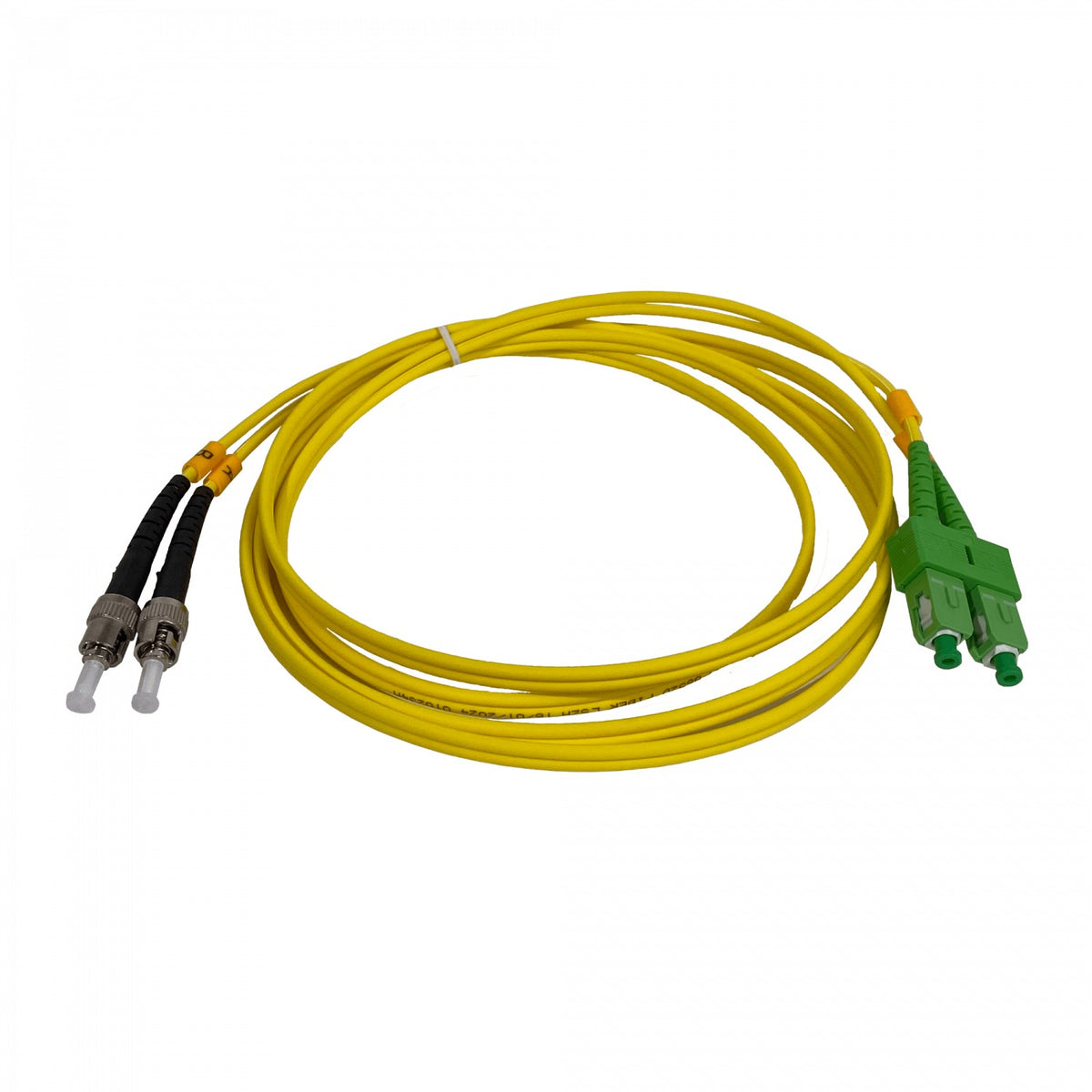 JFSAT2. Cable puente de fibra óptica monomodo dúplex de 2 metros, conectores SC/APC a ST/UPC, núcleo 9/125 µm y cubierta de 3 mm.