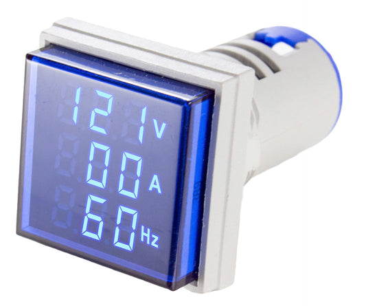 Indicador Digital Tensión, Corriente y Frecuencia 0-99HZ, 0-100A, 50-500VCA, 22mm, cuadrado - Azul