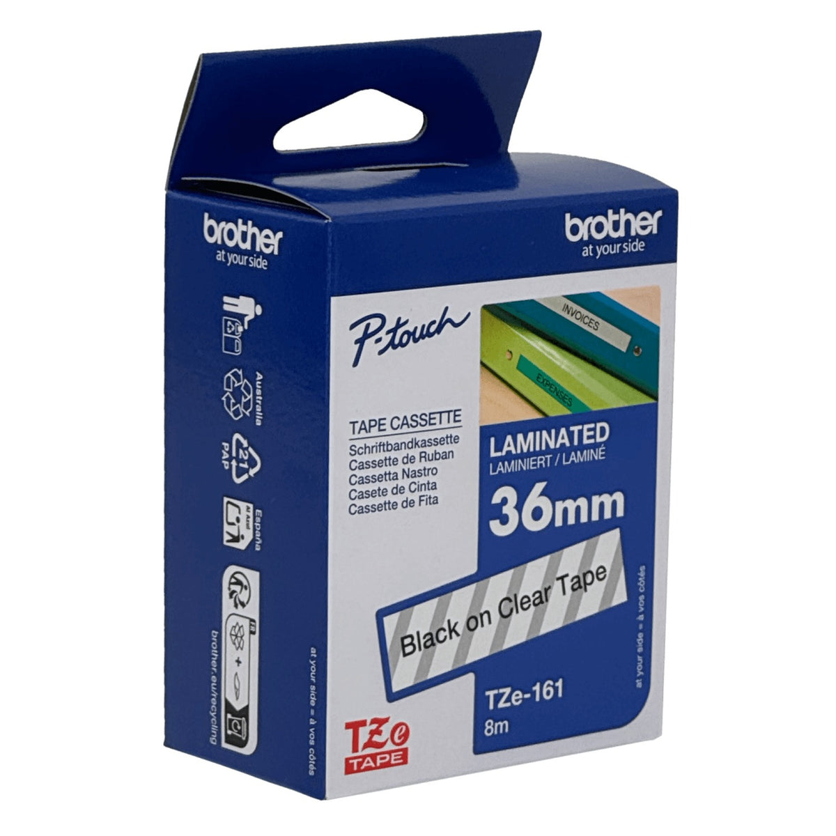 TZE-161 BROTHER 36mm Negro sobre Base Cristal Cinta 8mt para PT-P900W PT9700PC