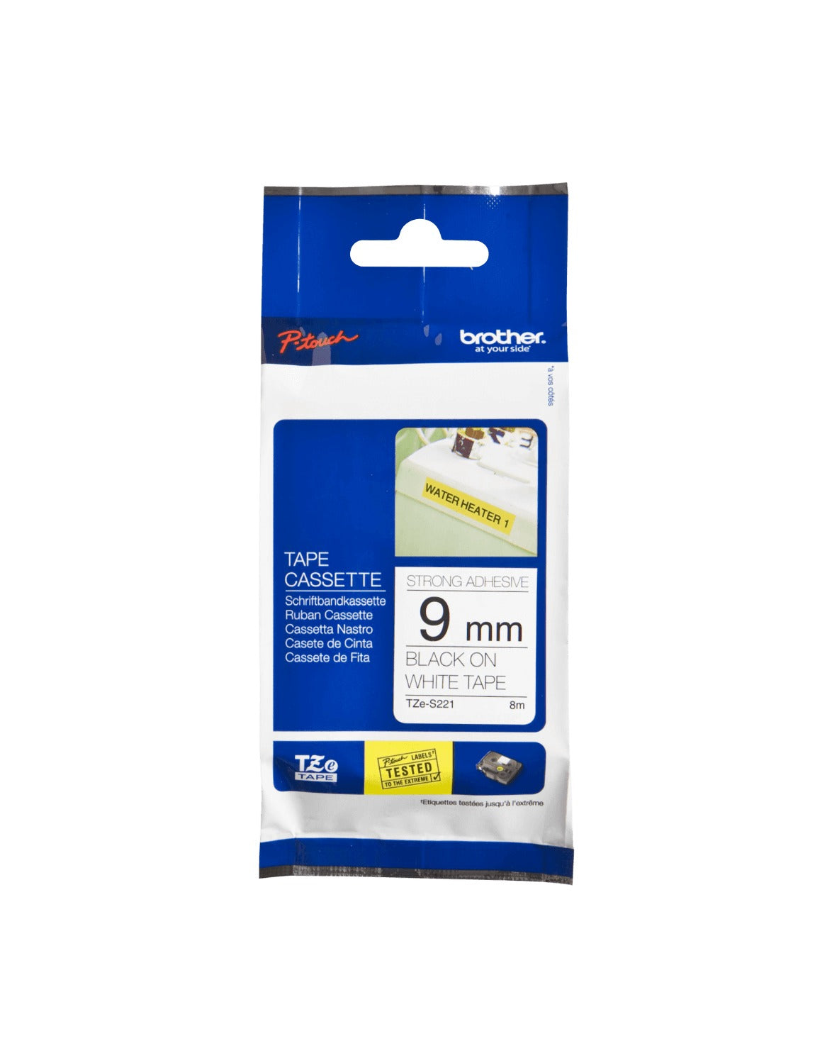 TZE-S221 BROTHER Rotuladora 9mm Negro sobre Blanco Cinta 8mt para-PT-H110 Adhesivo-Reforzado