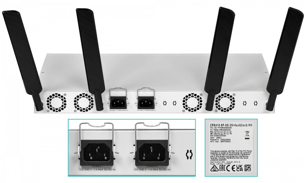CRS418-8P-8G-2S+5AXQ MIKROTIK WiFi6 17-1000(8-PoE+) 150W 2-SFP+ 5/2,4GHz Entrada USB Capa-2 2-220VAC