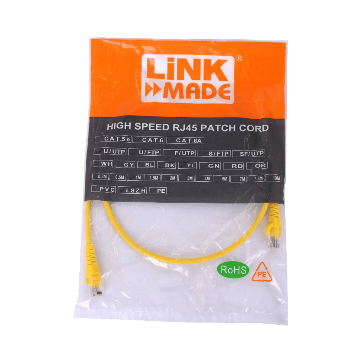 CP6M-10L LINKMADE 1MT CAT6 AMARILLO LSZH LATIGUILLO MOLDEADO MULTIHILO