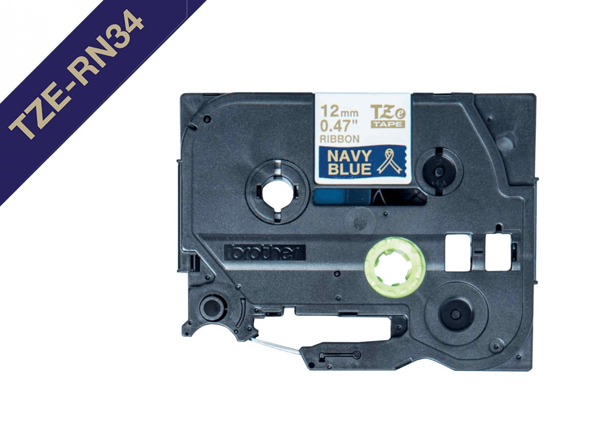 TZE-RN34 BROTHER Satin 12mm Dorado en Fondo AzulMarino Cinta 4mt p/PT-H110/H200