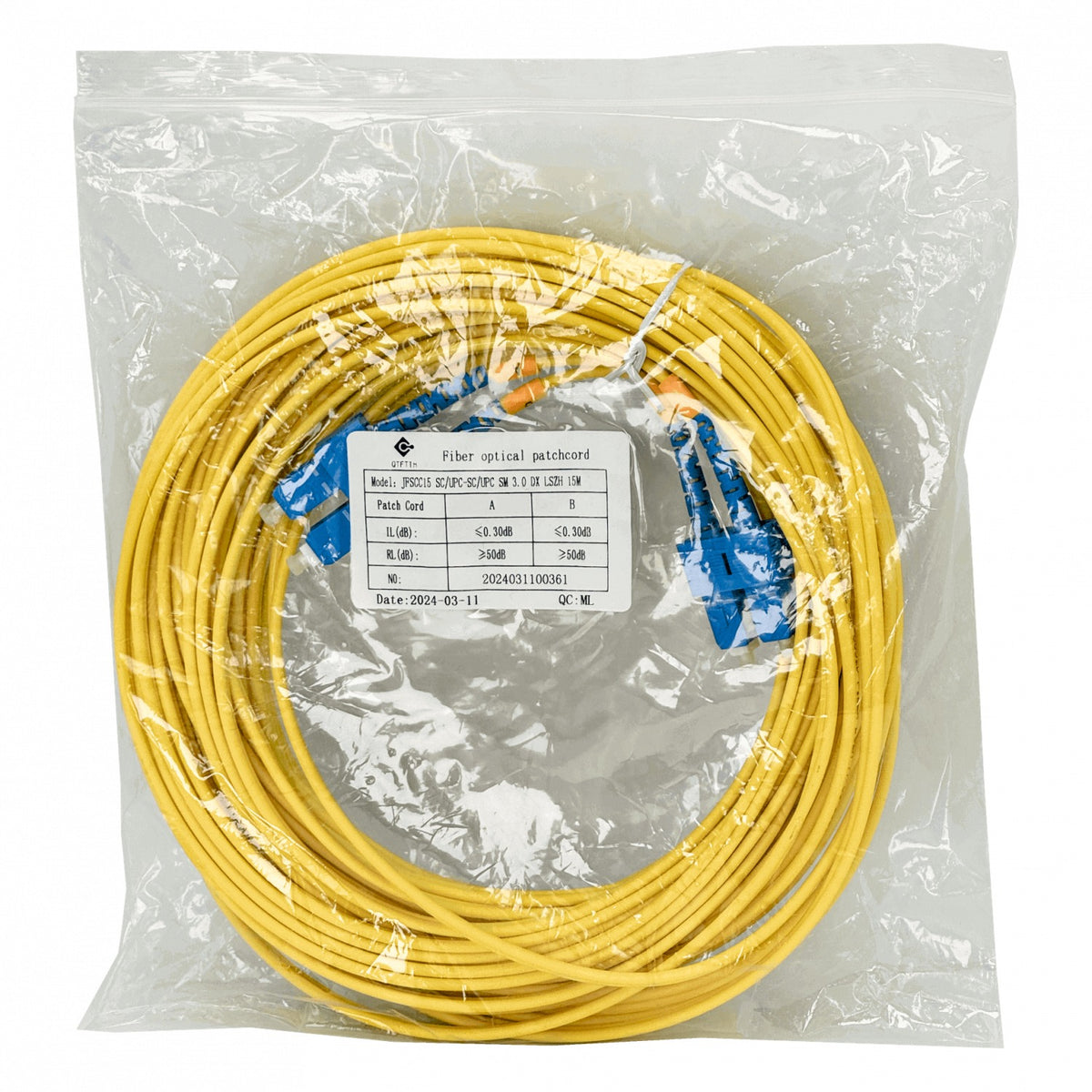 JFSCC15 Cable de fibra óptica monomodo dúplex de 15 metros con conectores SC-SC/UPC, núcleo de 9/125 µm y cubierta de 3 mm