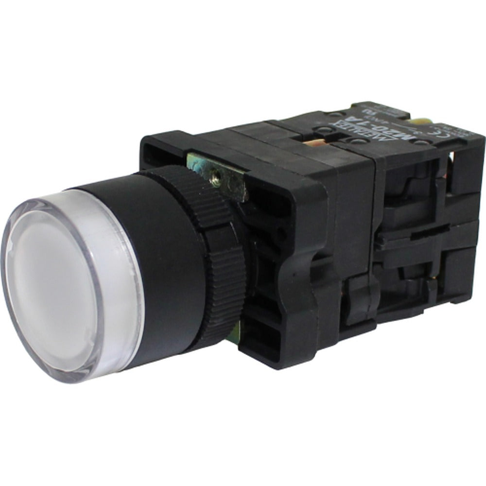 Pulsador momentáneo redondo plástico Iluminado 22mm 1NA+1NC Serie P20 - Azul - Piloto LED 220VAC/DC