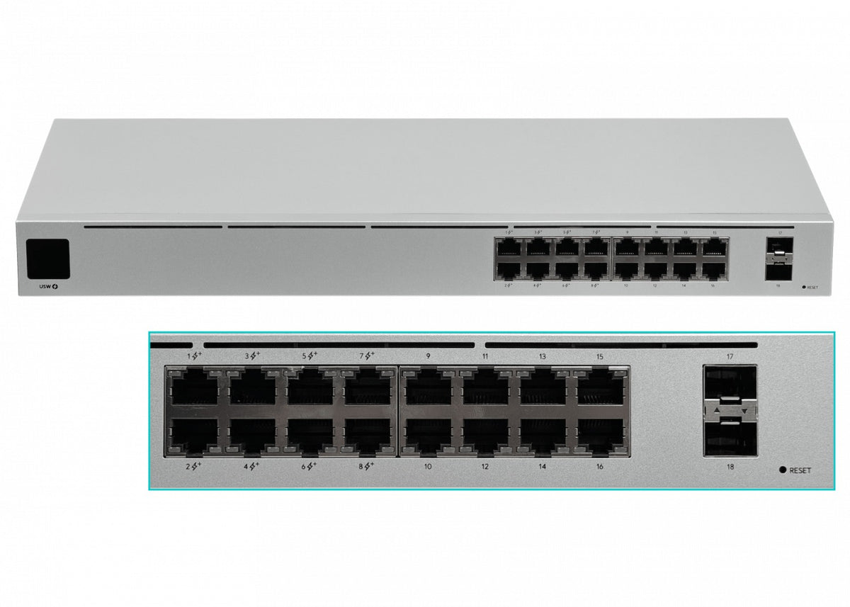 USW-16-POE. Conmutador UI de 42 W totales, 16 puertos 1000, 8 PoE 48af/52at, 2 SFP, requiere UniFi L2, USW-16-POE-EU, UBIQUITI