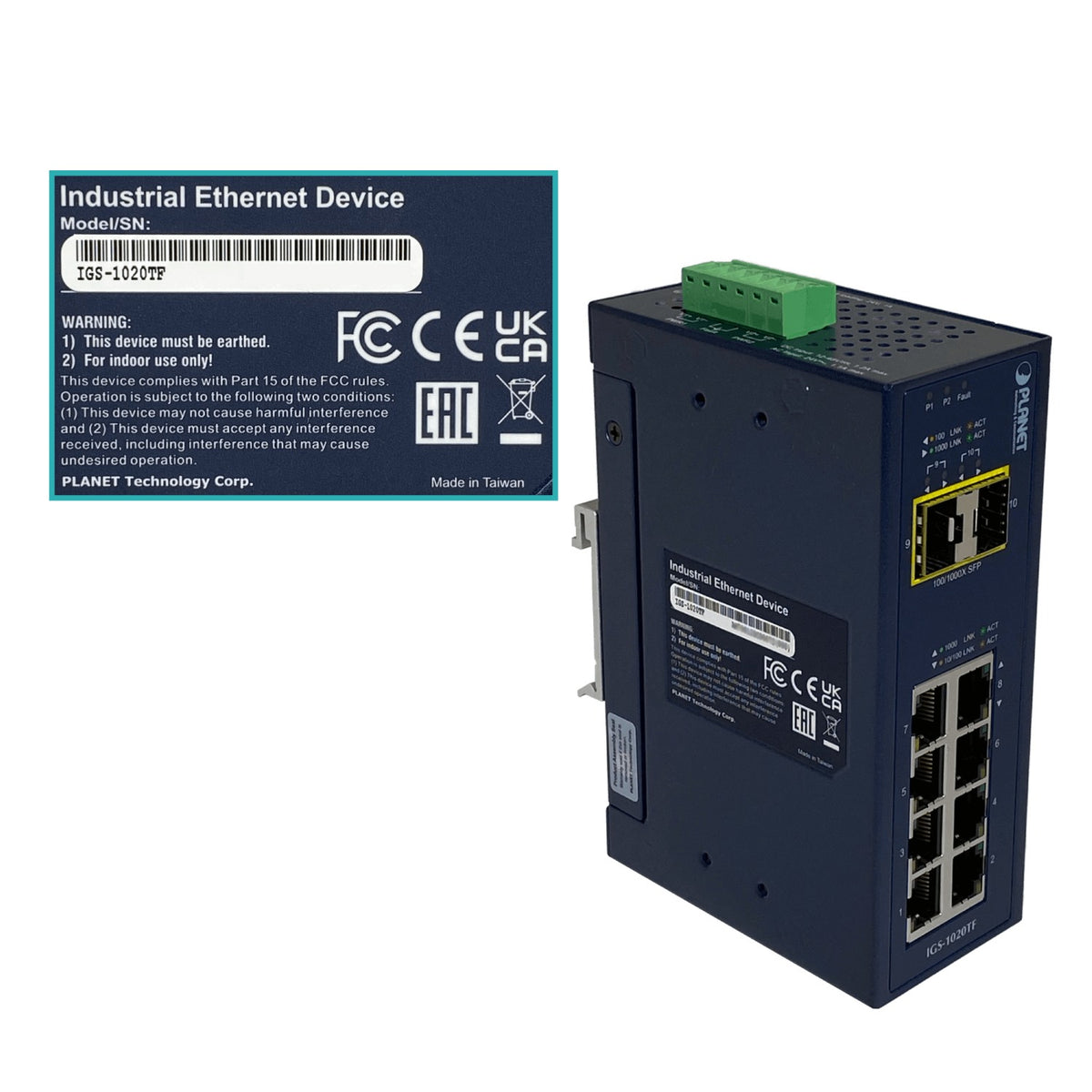 IGS-1020TF PLANET 8-1000 2-SFP Switch Industrial no-Admin Riel-DIN 12-48VDC 24VAC