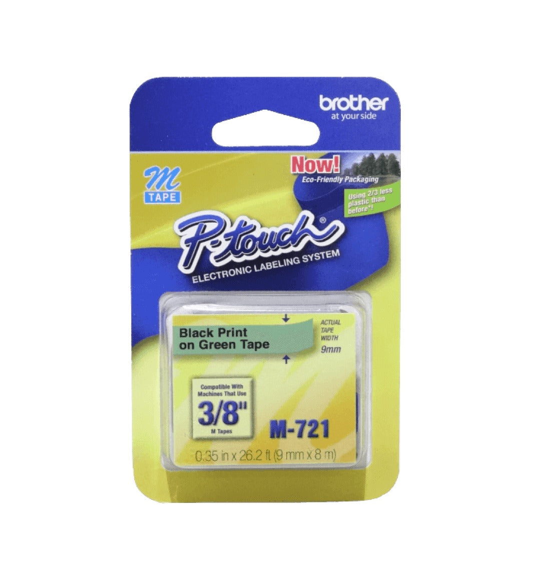 M721 BROTHER Cinta de 9mm Impresión Negra sobre Base Verde rollo 8mt compatible con PT-90