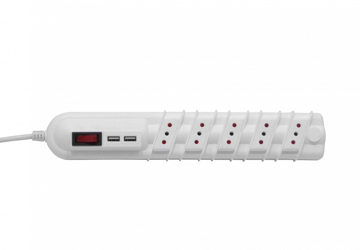 ELG-35WU Regleta RITTIG blanca 5 tomas con interruptor luminoso, 2 USB 5V, cable 3m, 10A-250V, 2200W