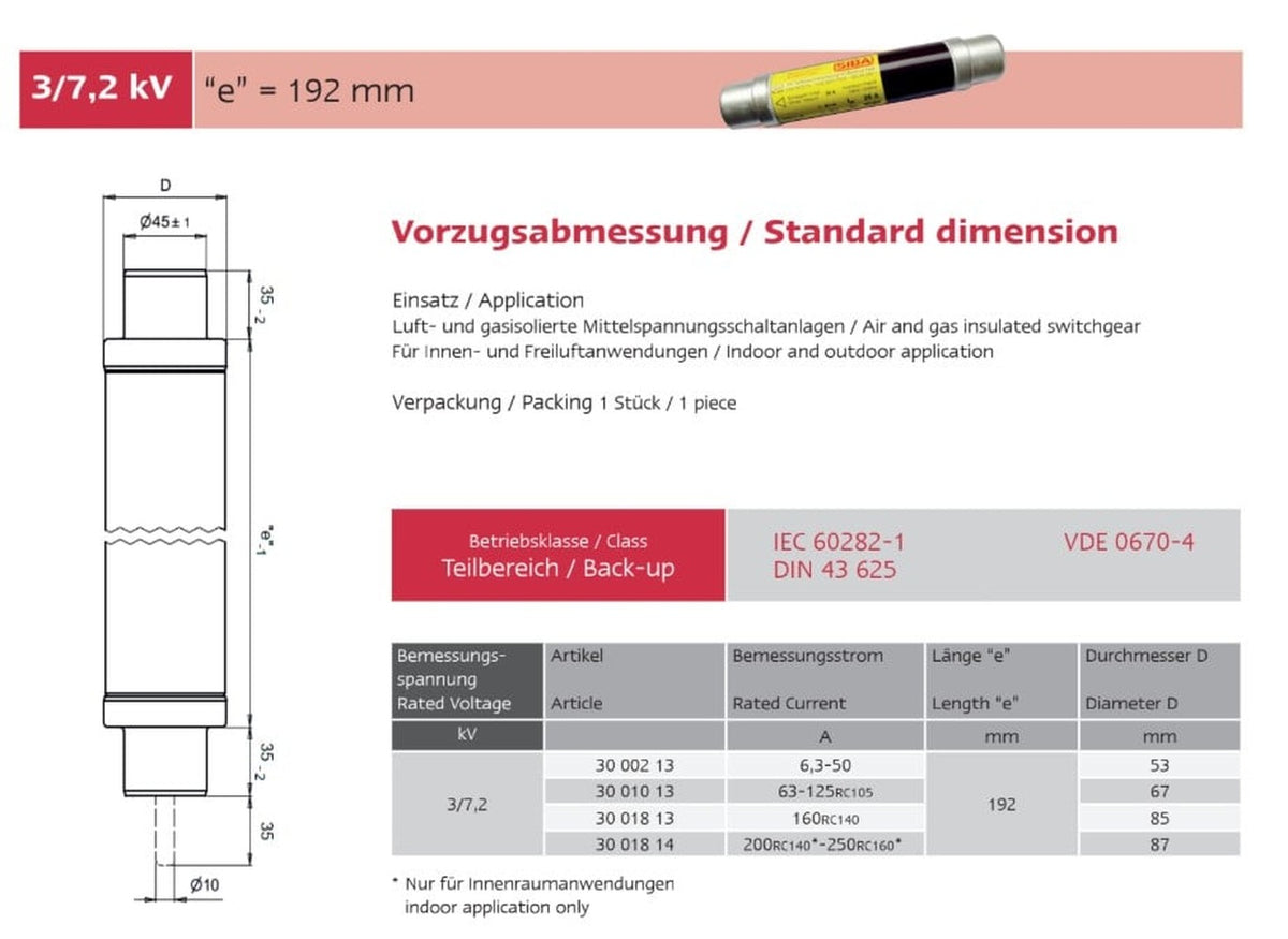 Fusibles Media Tensión SIBA(Alemania), 3/7,2 kV , Back-up, e=192mm - 100A