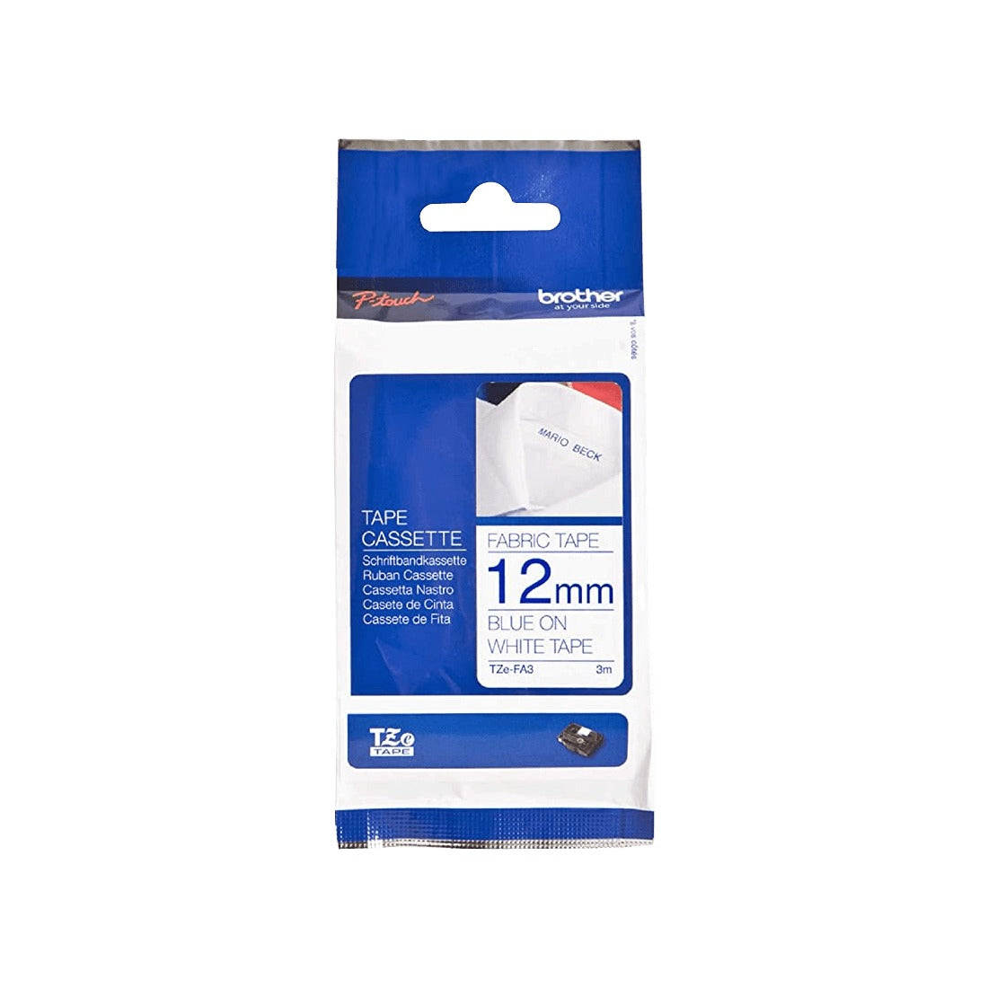 TZE-FA3 BROTHER 12mm Azul Marino sobre Cinta Textil Blanca Termoadhesiva 3m para PT-E300VP/H110