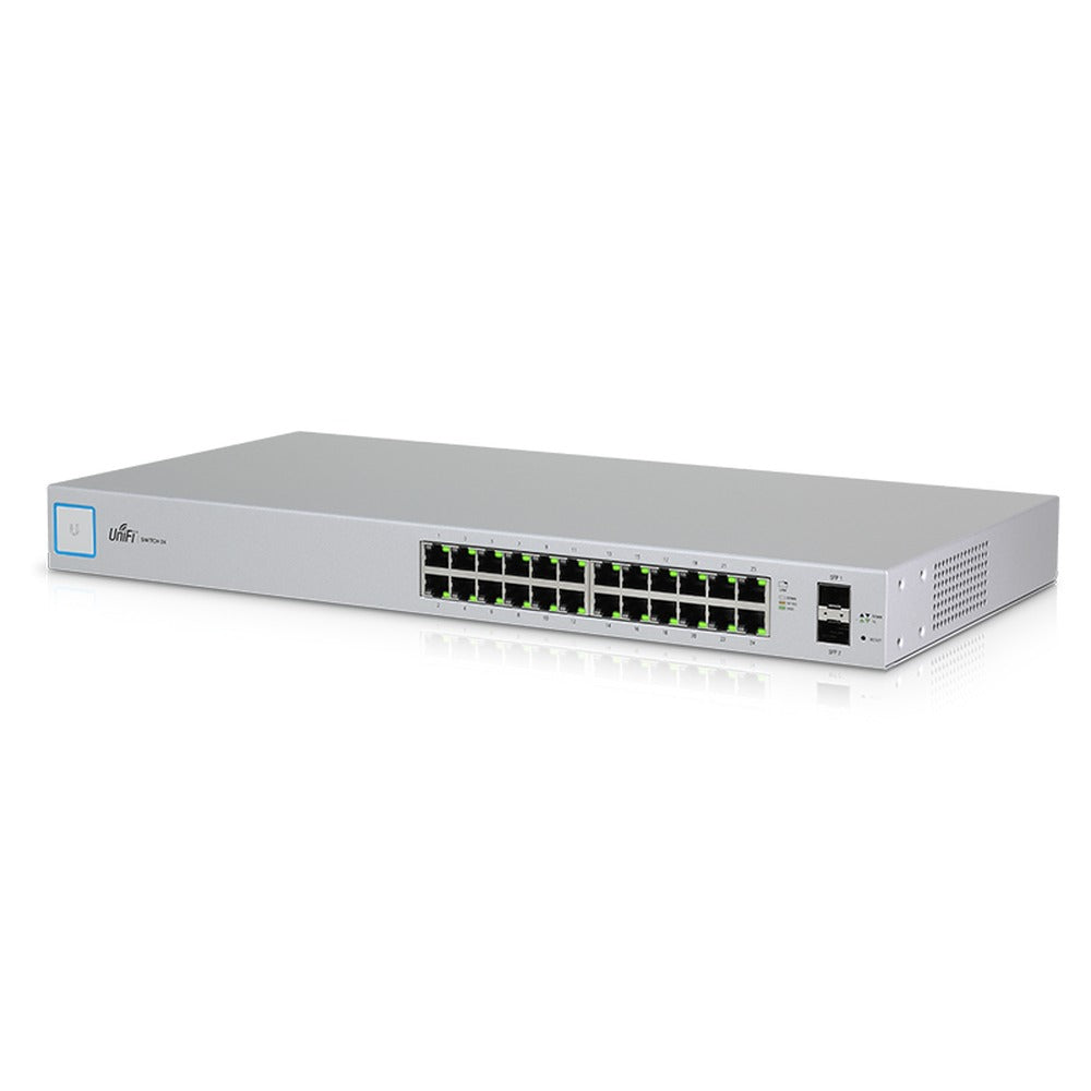 US24. Conmutador UBIQUITI administrable de 24 puertos 1000Base-T, 2 puertos SFP, puerto de consola RS232 a RJ45, requiere UniFi, formato rack, referencia US-24-EU.