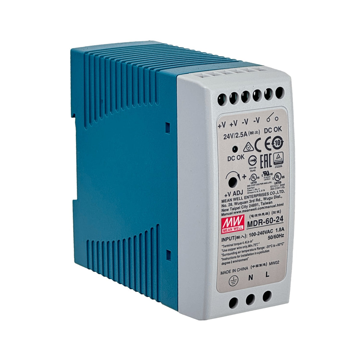 MDR-60-24 MEANWELL Fuente de Alimentación de 24VDC, 60W y 2,5A Ajustable para Riel DIN de 42mm de Ancho