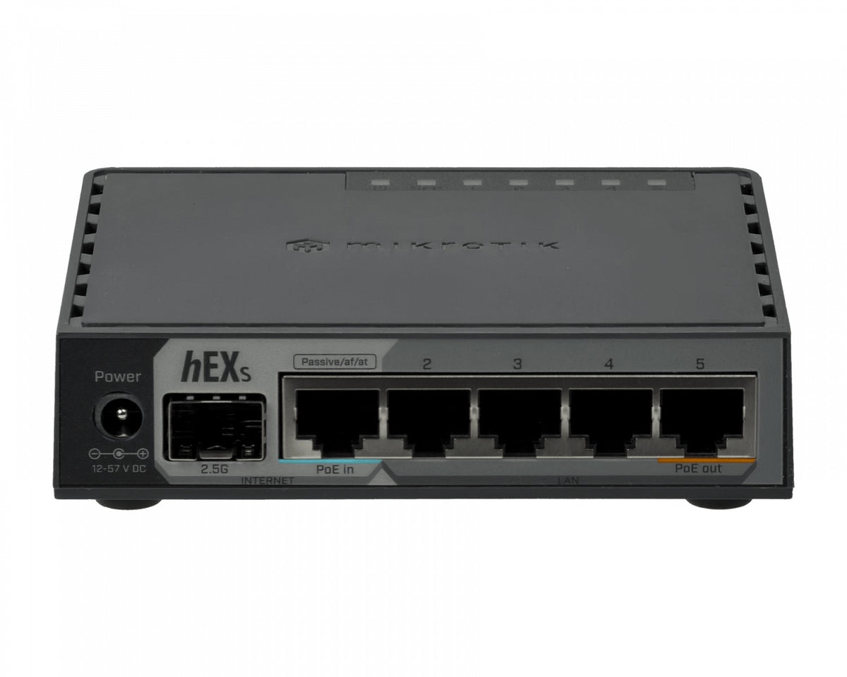 HEX S MIKROTIK 1 puerto SFP 2.5 Gbps, 5 puertos 10/100/1000 (1 con PoE), 2 cadenas 950 MHz, 256 MB, ranura microSD, USB, licencia nivel 4, incluye fuente 24V