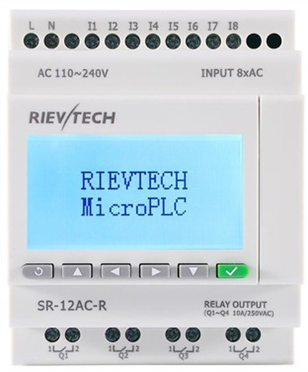 PLC Compacto SR-12AC-R, 8 Entradas Digitales 110-240VAC, 4 Salidas Relé, Rievtech