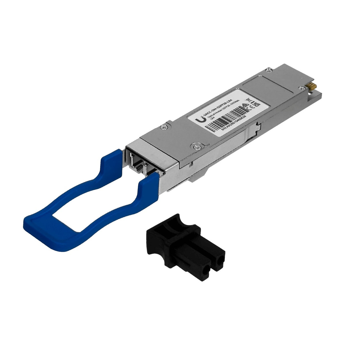 100G-10K. Módulo Ubiquiti QSFP28 de 100G con 2 conectores LC, alcance 10 km sobre fibra monomodo, longitudes de onda 1295-1309 nm para recepción/transmisión, referencia UACC-OM-QSFP28-LR4.