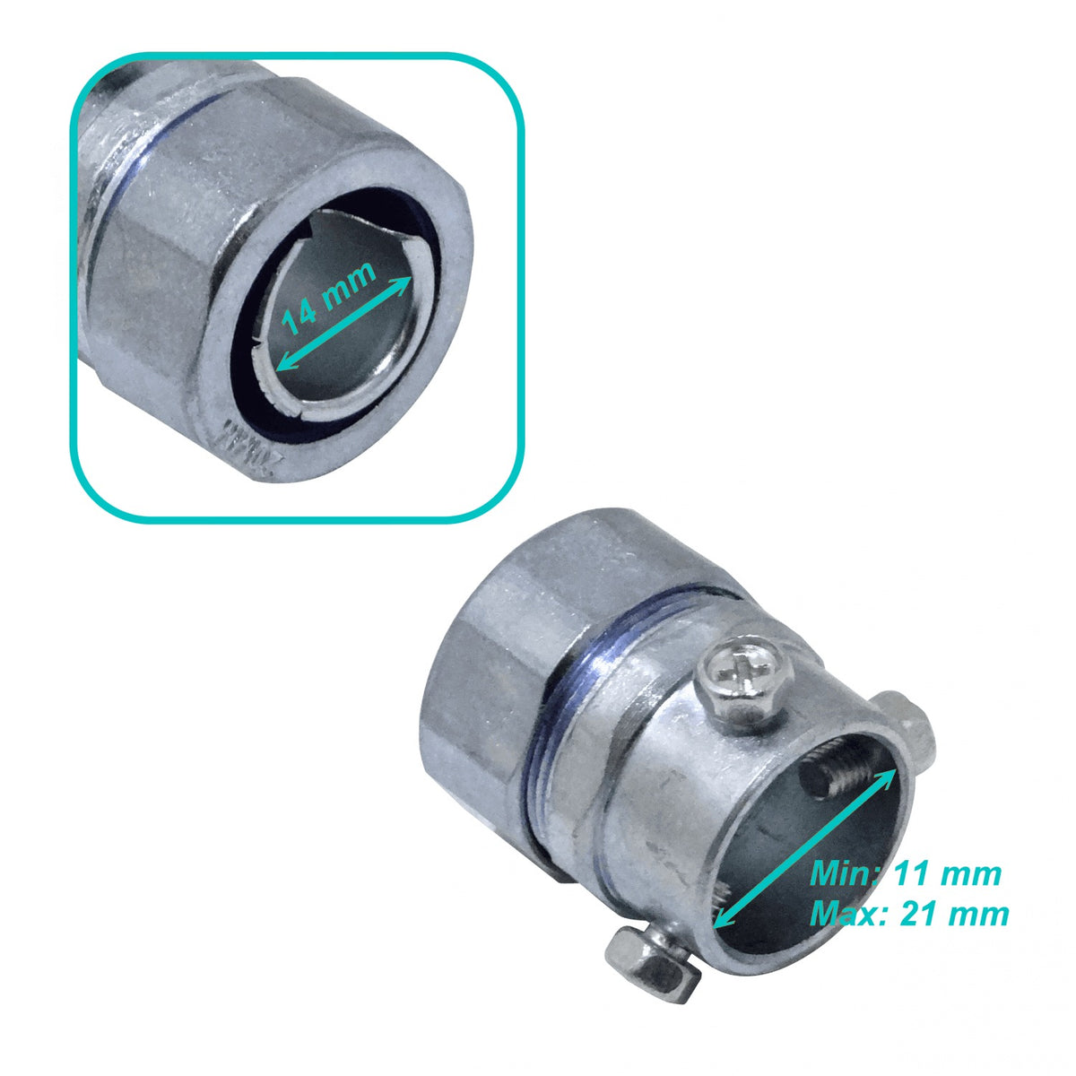 MEMT20 Adaptador metálico de unión de 20mm para conduit EMT a conduit flexible, rango de ajuste 11-21/14mm
