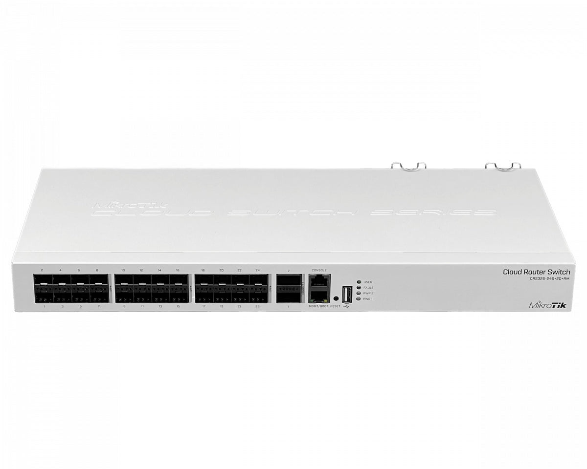 CRS326-24S+2Q+RM MIKROTIK Conmutador Rack 24 Puertos SFP+ 10G 2 Puertos QSFP+ 40G 1 Consola 100Mbps Licencia L5 Doble Fuente Alimentación