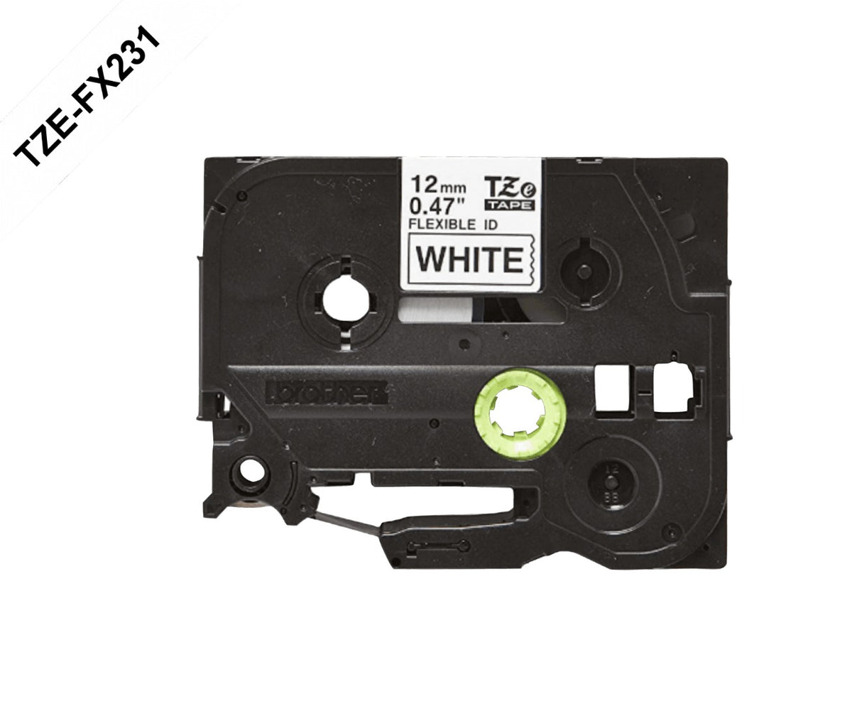 TZE-FX231 BROTHER Flexible 12mm Negro sobre Fondo Blanco Cinta 8mt p/PT-H110/E300/E550