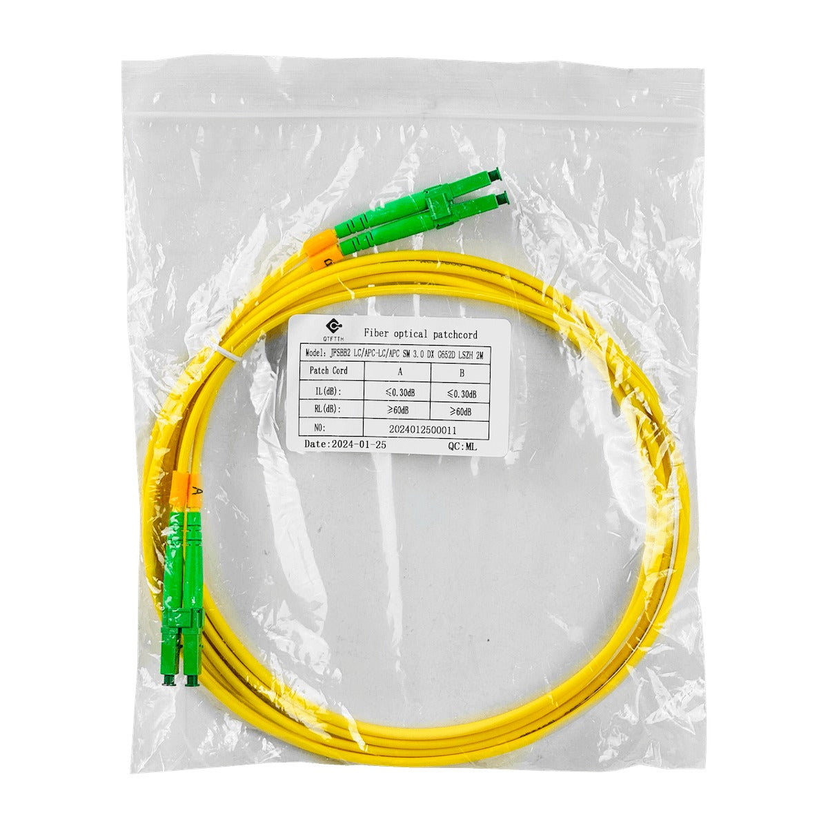 JFSBB2. Cable puente de fibra óptica monomodo dúplex SM de 2 metros LC/APC a LC/APC, diámetro 3.0 mm, núcleo/revestimiento 9/125
