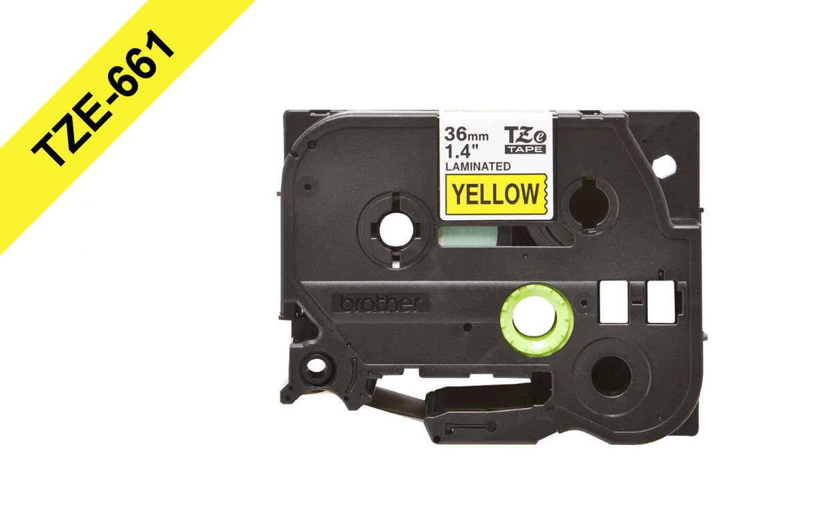 TZE-661 BROTHER 36mm Negro sobre Fondo Amarillo Cinta 8 metros para PT-P900W PT-9700PC