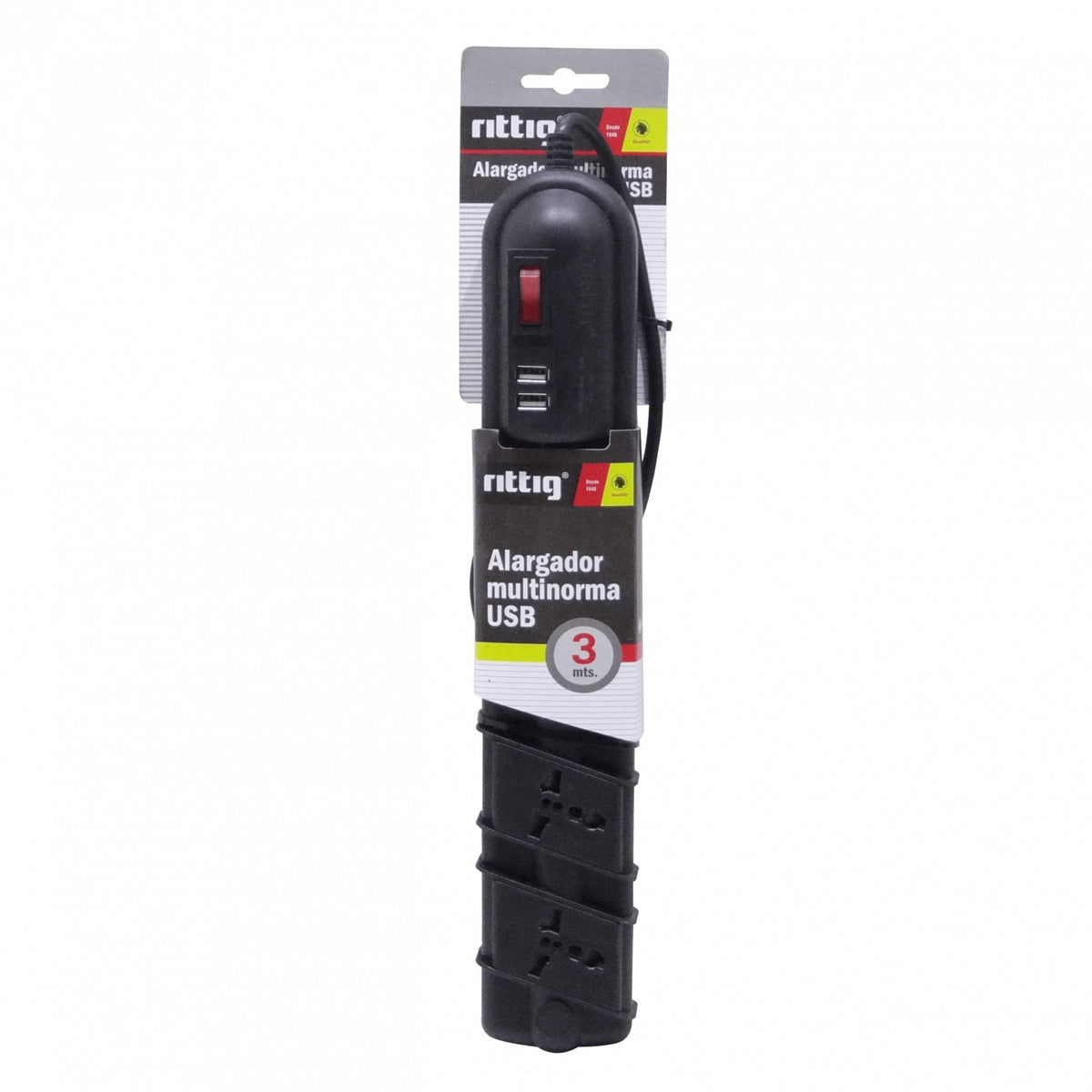 ELG-35NT RITTIG Extensión eléctrica negra 3 metros 5 tomas múltiples 2 puertos USB 5V 10A-250V 2200W con luz piloto e interruptor