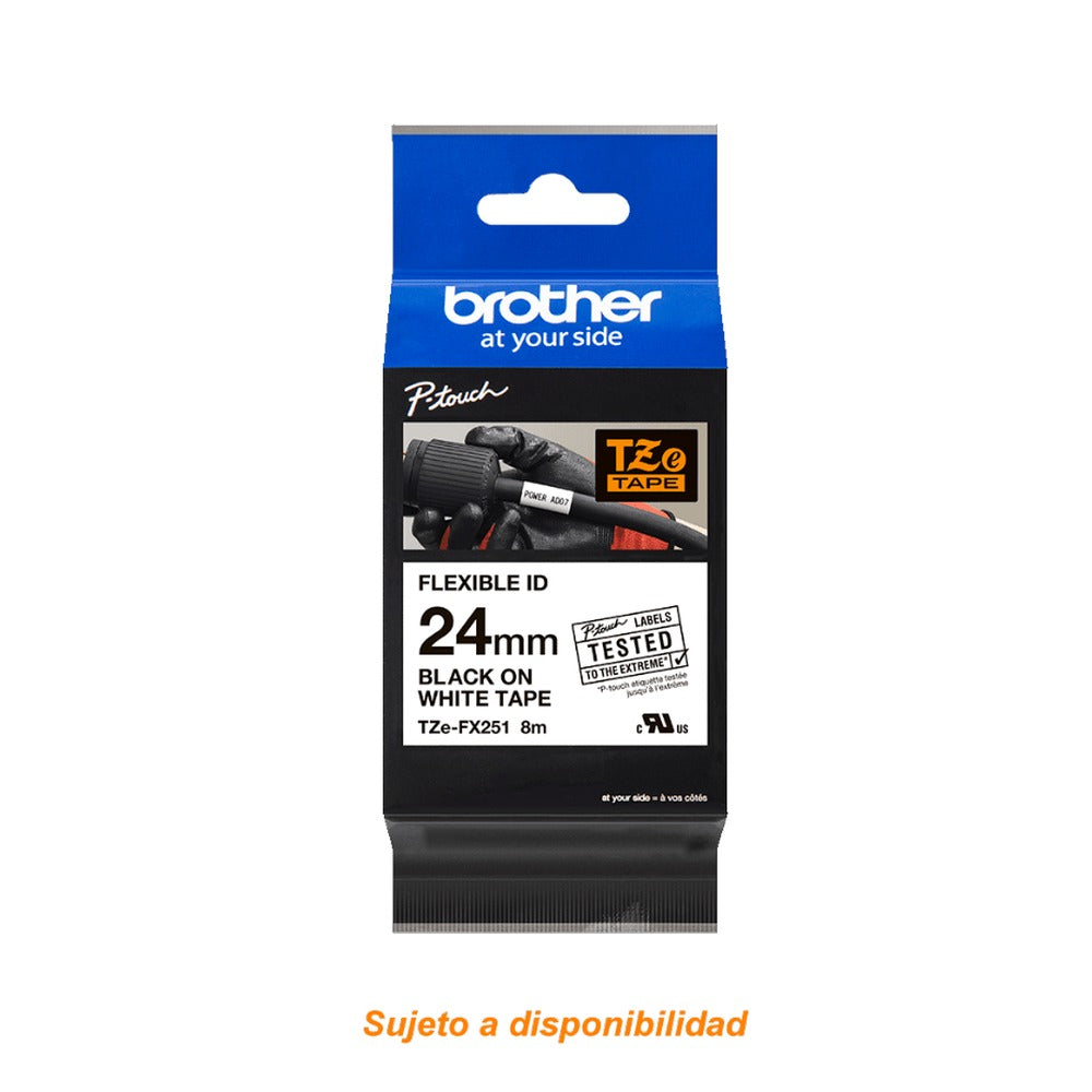 TZE-FX251 BROTHER Cinta flexible de 24mm de ancho, impresión negra sobre fondo blanco, rollo de 8m para equipos PT-E550WVP/D600VP