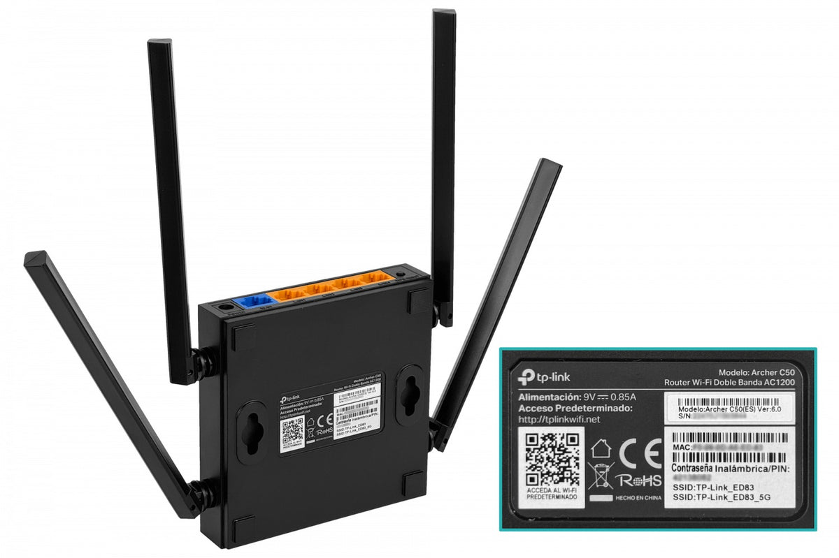 C50 Router TP-LINK AC1200 con velocidad de 867 Mbps en banda de 5 GHz y 300 Mbps en banda de 2.4 GHz equipado con 4 antenas fijas, 4 puertos de 100 Mbps y 1 puerto WAN