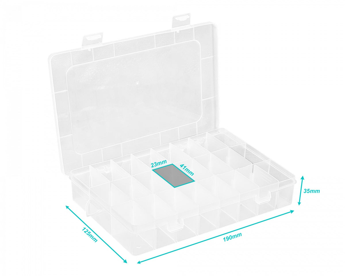 PLA-224 CAJA ORGANIZADORA TRANSPARENTE CON TAPA, 24 COMPARTIMENTOS MODULARES, 190x125x35mm