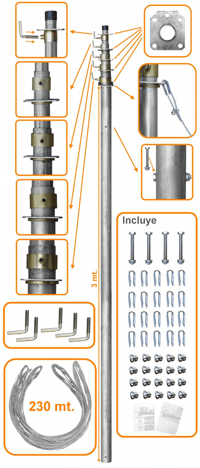 MAST-50 LINKMADE 50pies 15mt Poste Telescópico con Vientos 5-Secciones-3mt