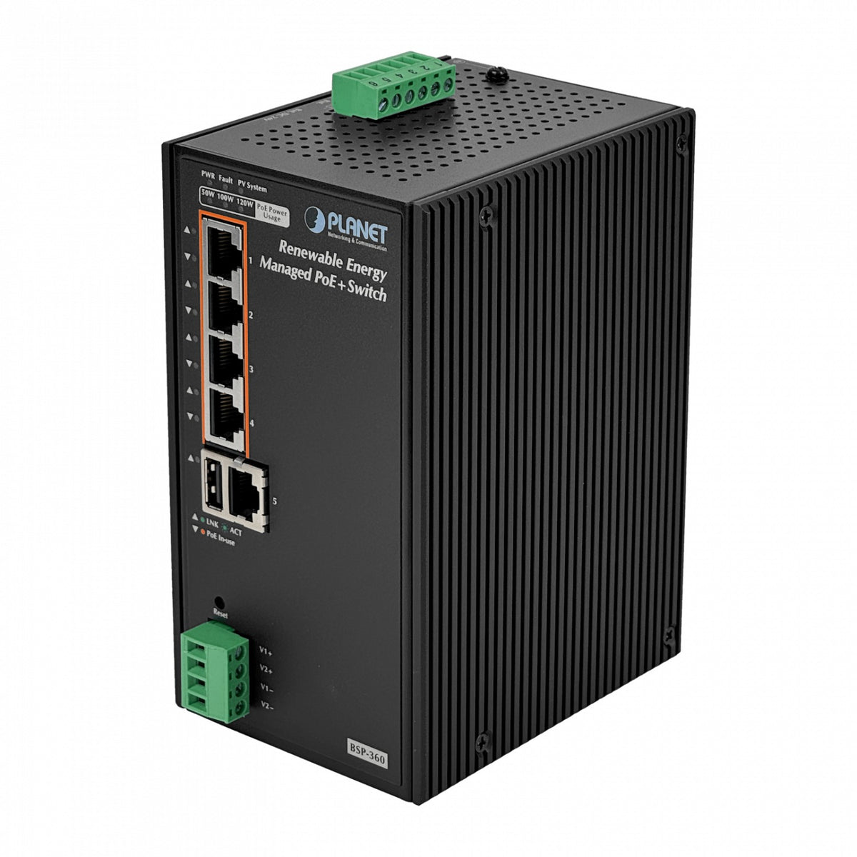 BSP-360 PLANET Switch Gestionable 5 Puertos 1000-PoE+ Alimentación Solar PV24-45V/120W Requiere Batería 24V Carril DIN
