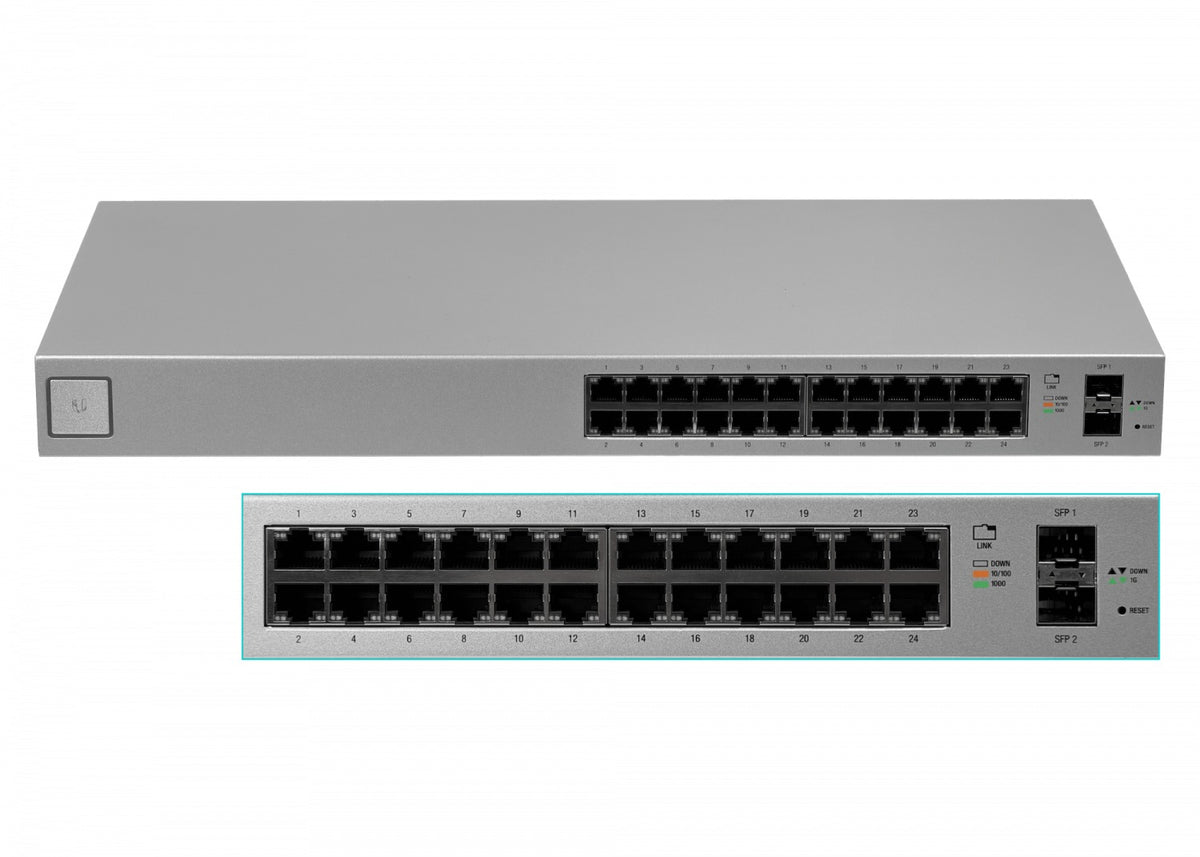US24. Conmutador UBIQUITI administrable de 24 puertos 1000Base-T, 2 puertos SFP, puerto de consola RS232 a RJ45, requiere UniFi, formato rack, referencia US-24-EU.