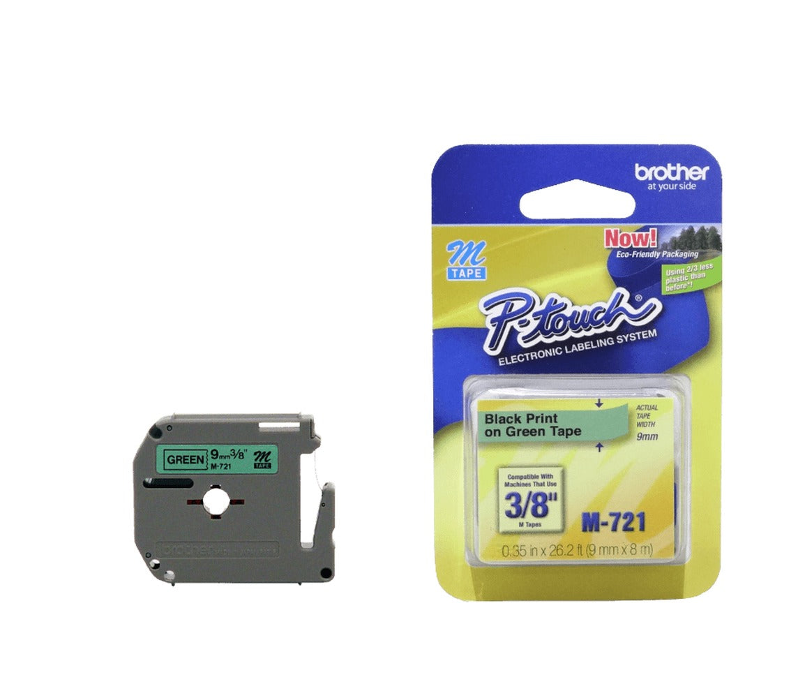 M721 BROTHER Cinta de 9mm Impresión Negra sobre Base Verde rollo 8mt compatible con PT-90