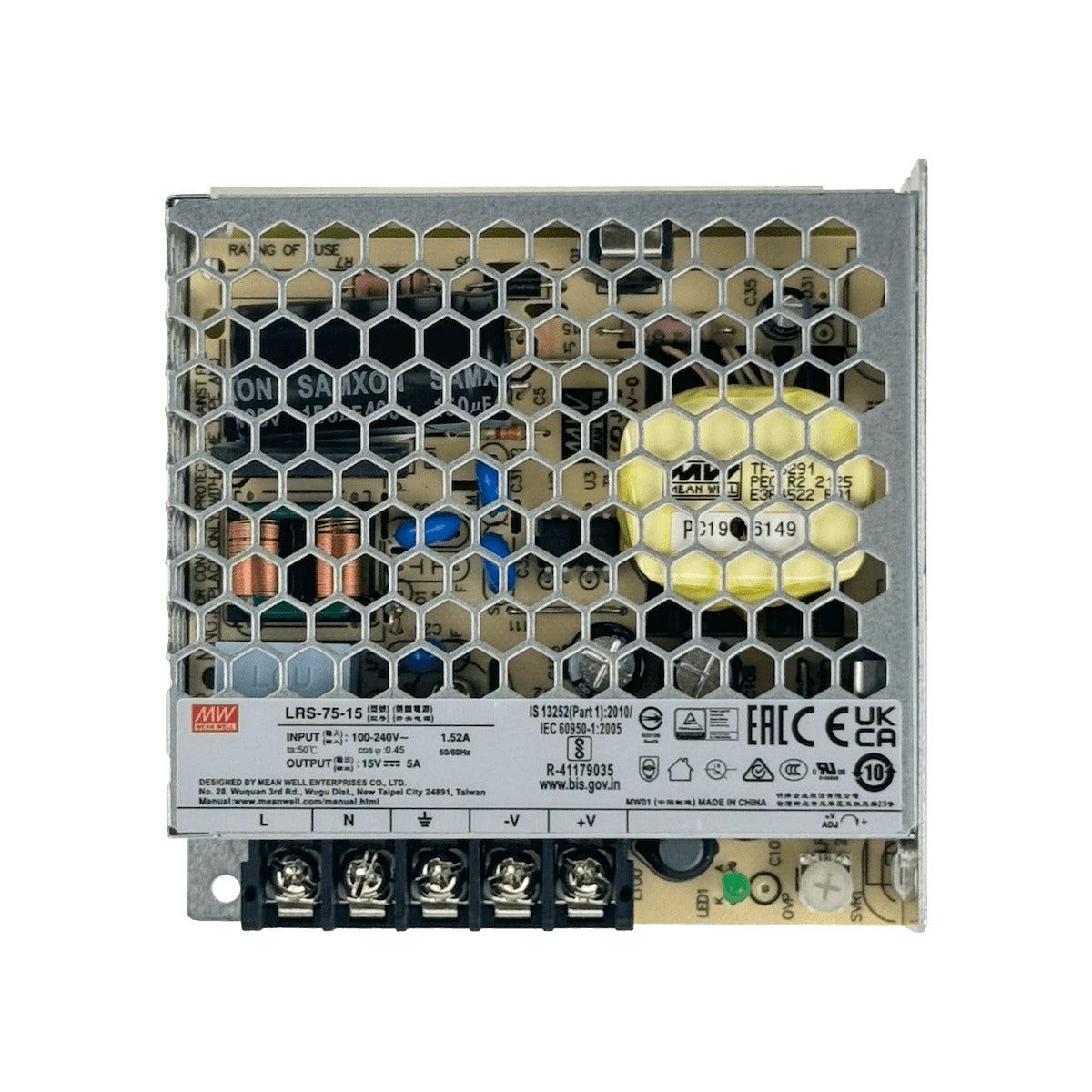 LRS-75-15 MEANWELL Fuente de Alimentación de Marco Abierto 75W, Salida 15V 5A, Entrada 100-240VAC, Voltaje Ajustable