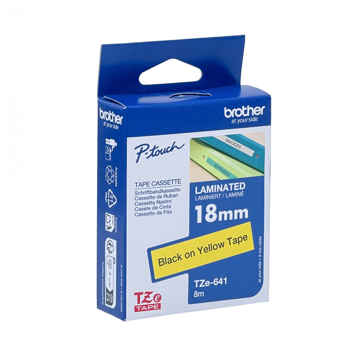 TZE-641 BROTHER 18mm Negro sobre Fondo Amarillo Cinta 8 metros para PT-E300VP/D600/E550
