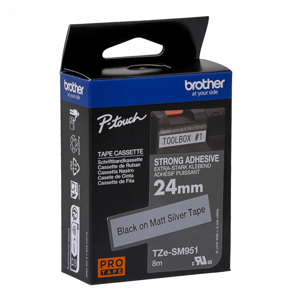 TZE-S951 BROTHER E-P 24mm Negro sobre Plateado Cinta 8 metros para PT-E550WVP/D600VP/P900W