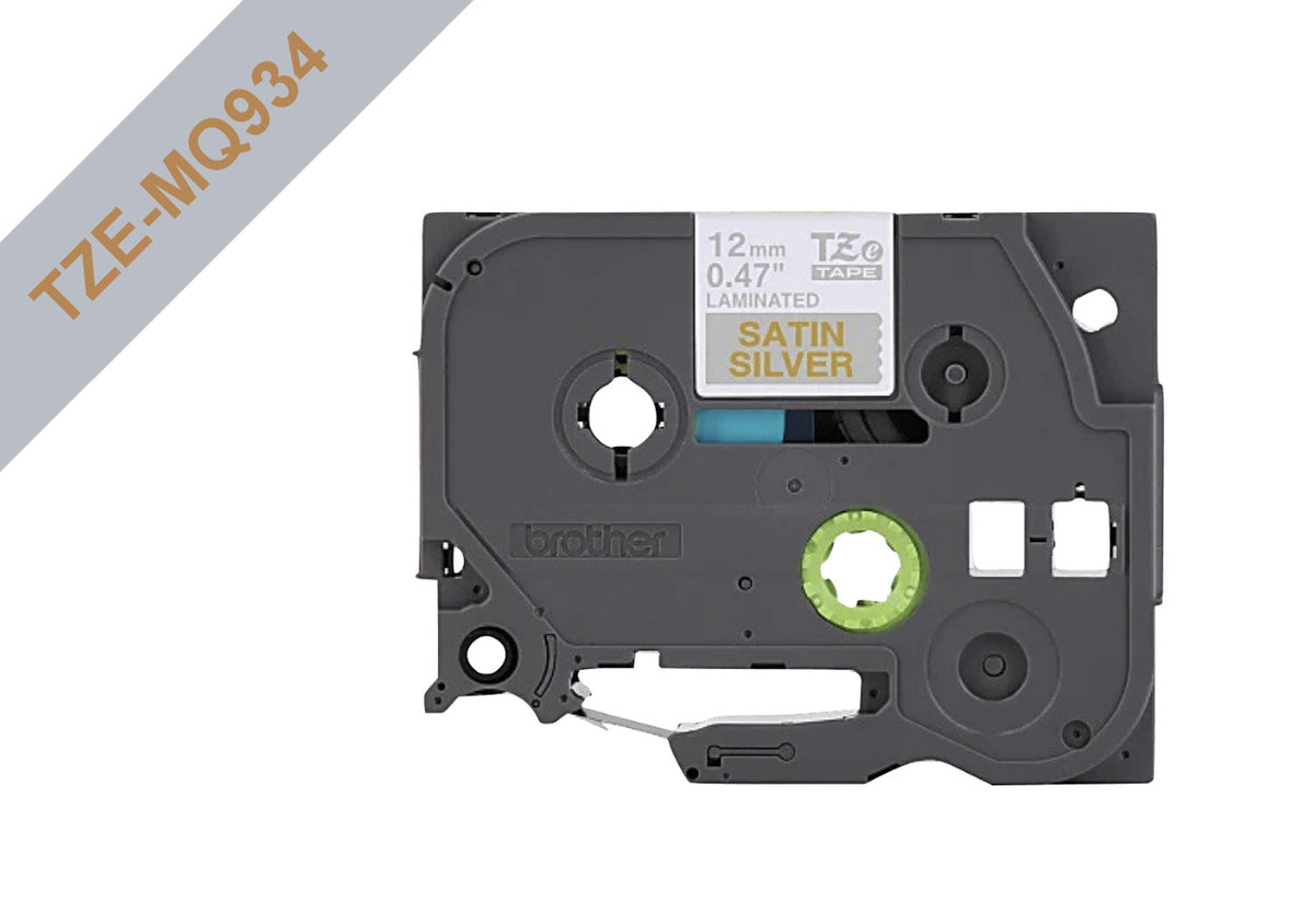 TZE-MQ934 BROTHER Cartucho de Etiqueta 12mm Texto Dorado sobre Cinta Gris Satén Largo 5m Compatible PT-H110/H200/E110