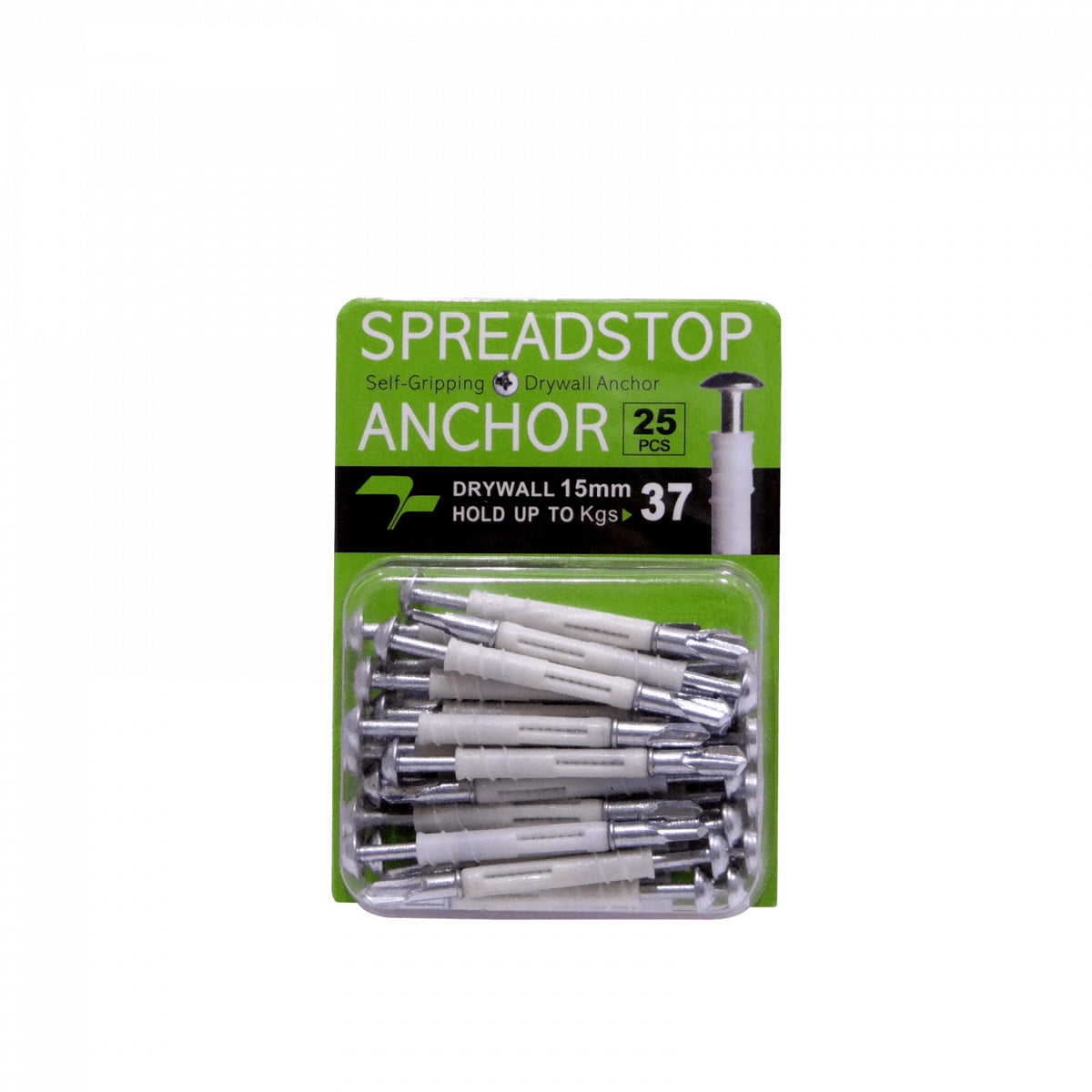DRY15 Fijación para placa de yeso Volcanita de 15mm, compuesta por tarugo y tornillo autoperforante M6.3x62mm, paquete de 25 unidades