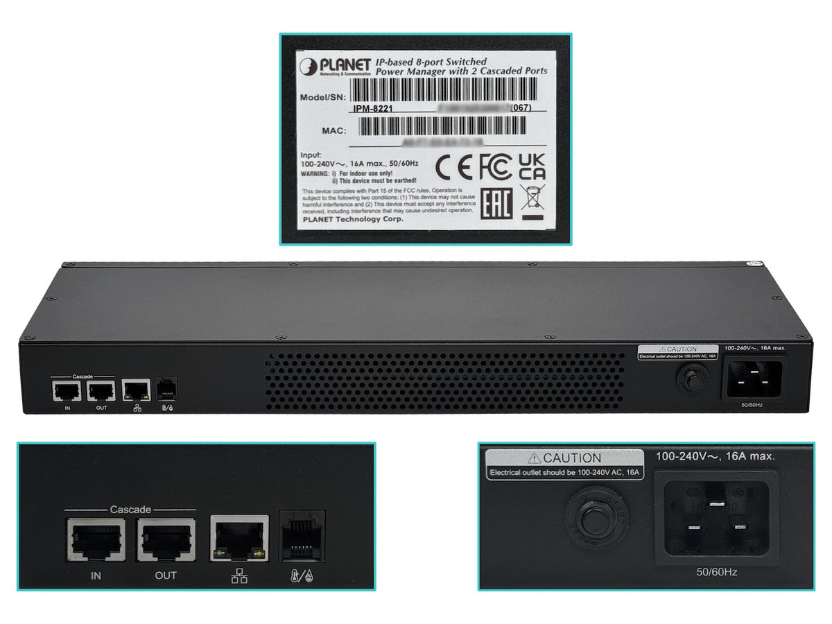 IPM-8221 PLANET Unidad de distribución eléctrica con entrada C20, 8 salidas C13, control IP por LAN, monitorización de temperatura/humedad/amperaje y 2 puertos serie