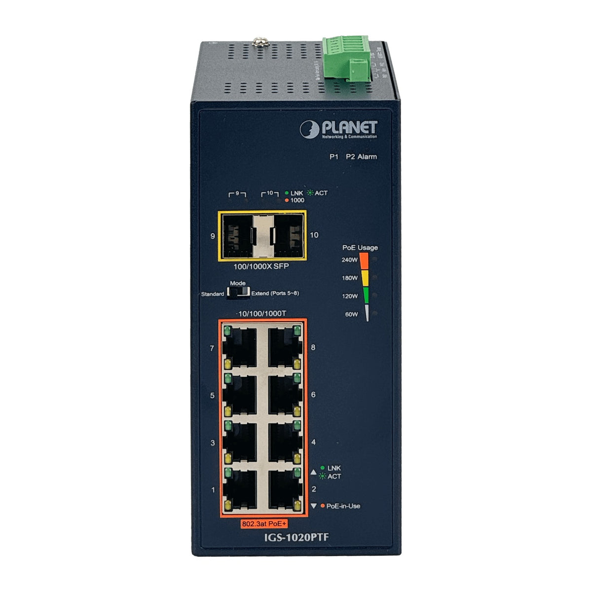 IGS-1020PTF Switch Industrial Gestionable PLANET 8 Puertos 1000 PoE+ 2 Ranuras SFP Presupuesto 240 Vatios Montaje Riel DIN Alimentación 48/54 Voltios DC