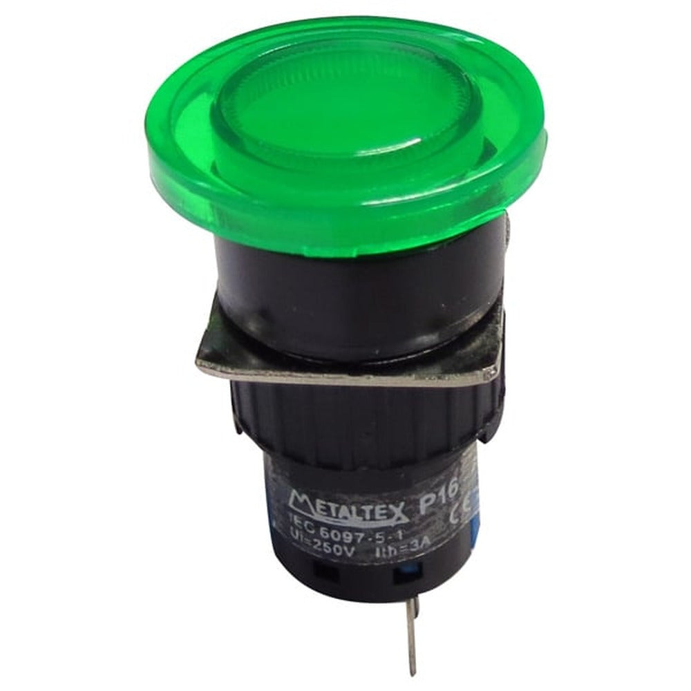 Pulsador momentáneo tipo hongo plástico SPDT 16mm Serie P16 - Verde