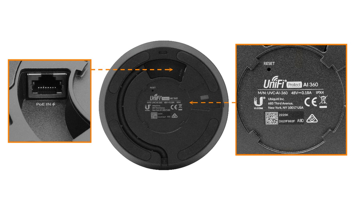 Cámara UVC-AI-360. Unidad de Interfaz Negra 360º PTZ 5MP 1920x1920 Infrarrojos 1-1000 requiere-PoE-af IPX4 IK08 UVC-AI-360-B. UBIQUITI
