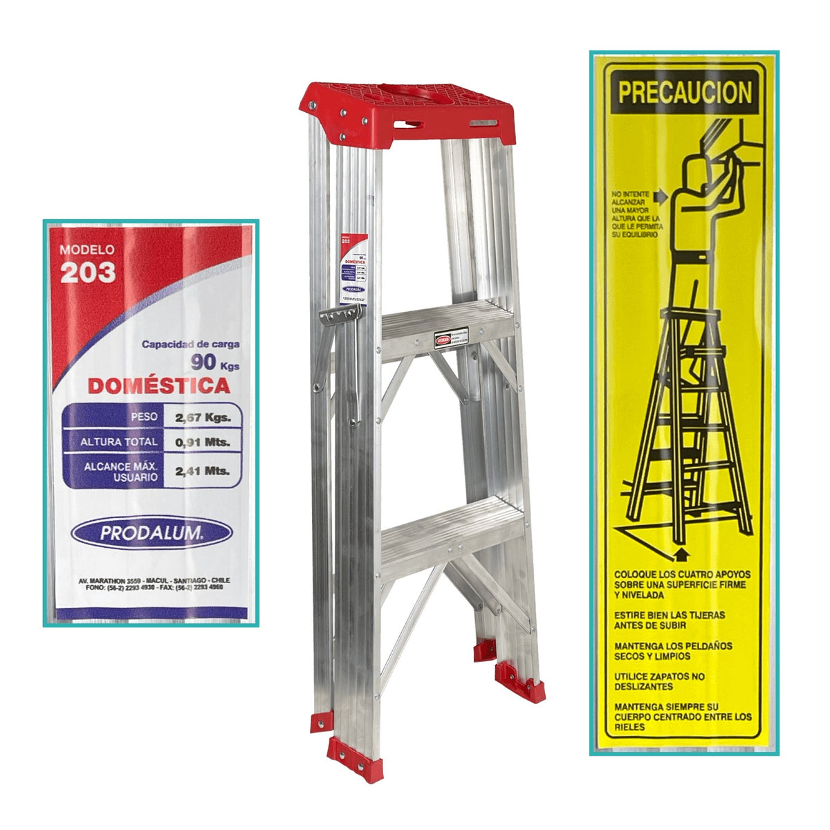 ESAL-903 Taburete plegable de tijera en aluminio con 3 escalones, altura de 0,9 metros y capacidad de carga de 90 kilogramos, escalera de 0,91 metros