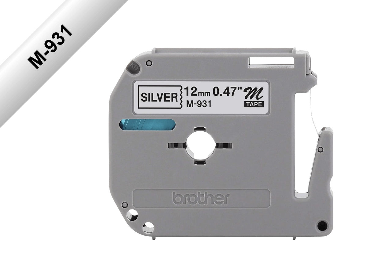 M931 BROTHER 12mm Negro sobre Fondo Plateado Cinta 8m para PT-90